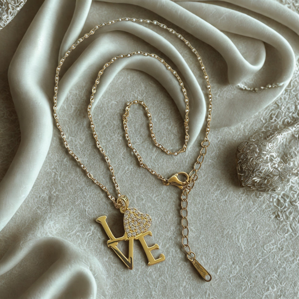 Gold Plated LOVE Crystal Pendant Necklace for Women